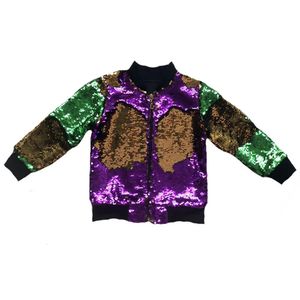 Jacken Mardi Gras Mädchenkleidung Orleans Grün GoldLila Goldene Farbe Bling Sparkle Jacke Reißverschluss Rippbündchen Langarm Paillettenmantel 231207