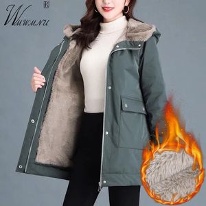 Mulheres para baixo parkas inverno com capuz lã forrado jaqueta feminina casual quente acolchoado parka tamanho grande 3xl neve wear velo casacos de comprimento médio solto parkas 231208