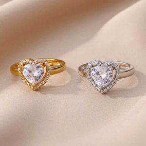 2pcs Eheringe Edelstahl Herzringe für Frauen Zirkon vergoldete Herzverstellbare Ring Femme Hochzeitsfeier Accessoires Schmuck Geschenk 2023