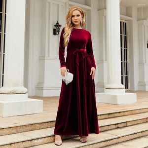 Casual Dresses Women Cocktail Dress Elegant Vintage A-line Maxi With Pleated Golden Velvet Belted Tight Waist For Bridesmaid Wedding