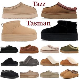 2023 Tasman Tazz Slippers Boots 밤나무 모피 슬라이드 양가죽 시어링 노인 남성 남성 울트라 미니 플랫폼 부츠 슬립 온 슈즈 컴포트 겨울