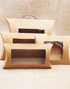 Pudełko poduszki z prezentem Kraft z przezroczyste okno PVC czarne brązowe białe poduszki kształt ręcznie robione cukierki
