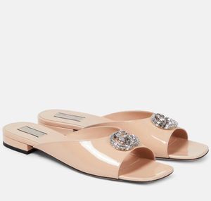 Summer Luxury Double G with Crystals Sandals Shoes Patnet Leather Women Slippers Slip On Beach Slide Flats Lady Flip Flops Sandalias Original BOX