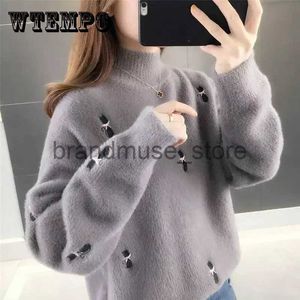 Women's Knits Tees WTEMPO Women's High Half Neck Long Sleeve Knitted Sweater Cute Cat Decoration Loose Soft Comfy Ladies Knitwear Pullover Jumper J231208