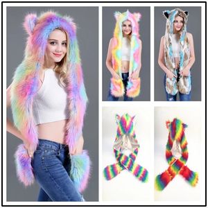 Czapki czaszki czapki Faux Fur Animal Hat Kapłę do uszu Kieszenie 3 in1 Pluszowa ciepła czapka uszu z rękawiczkami szalika 231208