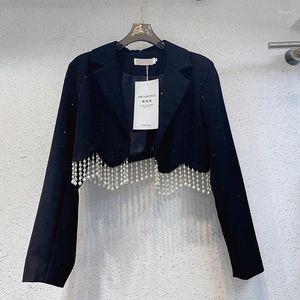 Jaquetas femininas primavera outono pérolas frisadas borlas borda curto terno preto casaco lantejoulas irregular ol blazers franjas cardigan colheita tops