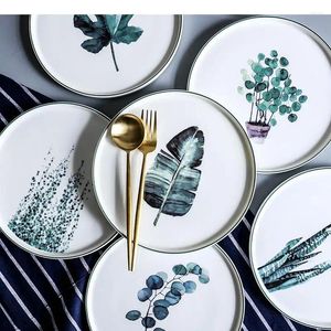Тарелки в скандинавском стиле, круглая керамическая тарелка с ручной росписью, фруктовый салат, набор блюд в западном стиле, декоративная посуда для закусок, торта