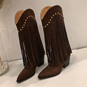 Boots Tall High Fringe Boot Women Chunky Rivets Vintage Knee Boots Fashion Brown Black Winter Western Cowboy Suede Knights' Boots 231207