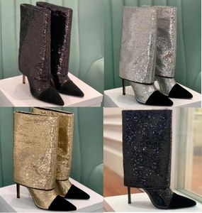 Designer Bootswinter الخارجية التجارة الخارجية جديدة من أصابع القدم المدببة في الكعب الرقيق للغاية الكعب العالي عالي الترتر خطوة واحدة المشي تظهر أحذية كبيرة الحجم للأحذية القصيرة للنساء 43