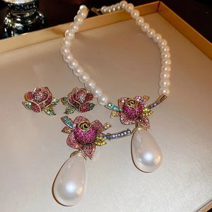 Conjuntos de jóias de casamento FYUAN requintado gota de água pérola colar brincos broche para mulheres colorido cristal rosa flor nupcial 231208