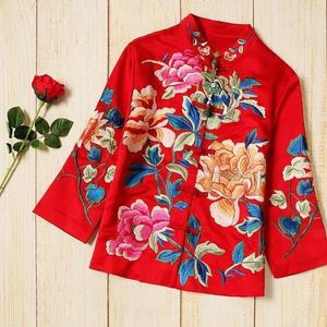 Kvinnors T-skjortor Peony Flower Brodery Vintage Tang Suit Jacket Kvinnor Långärmad enkelbröstad lös stativ Krage Kinesiska stil toppar