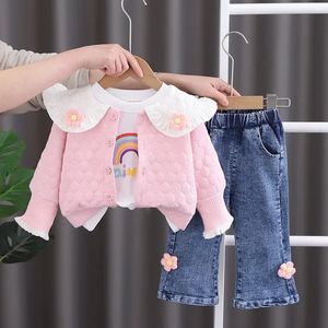 Kleidung Sets Frühling Herbst Baby Mädchen Set Koreanische Stil Einreiher Strickjacke Mantel T-shirts Hosen Mädchen Boutique Outfits 231207