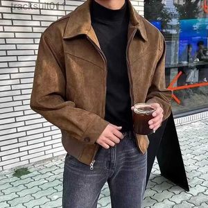 Mäns T-shirts Elegant Solid Brown Coat Men's Spring Autumn High-End Loose Lapel Plush Top Winter New Zipper Short Jacket Vintage Streetwear L231208