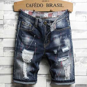 Jeans masculinos 2022 moda graffiti rasgado jeans shorts remendo esfarrapado cinco centavos mendigo calças jeans de alta qualidade marca jeans roupas masculinas l231208