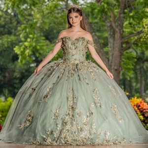 Sage Green Sweetheart Quinceanera Dress Floral Flowers Applique Lace Pärla Princess Ball Gown Sweet 16 Party Vestidos 15 De XV ANOS