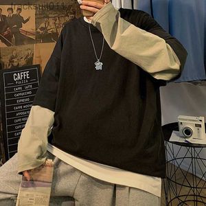 Heren T-shirts Lange Sle Nep Tweedelige T-shirt Mannen 2023 Herfst Oversized Tees Casual Kleding T-shirts Ulzzang Patchwork Solid tee Shirt Jongens L231208