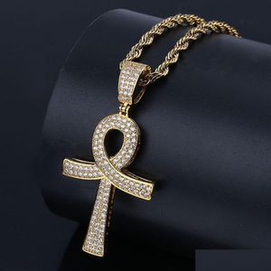 Pendant Necklaces 18K Gold And White Plated Diamond Ankt Key Of Life Cross Chain Necklace Cubic Zirconia Hip Hop Rapper Jewelry For Me Otmmj