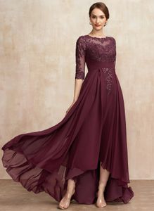 2024 Elegant Cabernet Mother of the Bride Dress A-line Scoop Illusion Asymmetrical Chiffon Lace Beads Wedding Guest Party Gowns for Women Plus Size