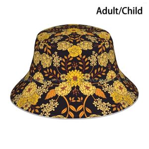 Berets Yellow Orange & Navy Blue Dark Floral Pattern Bucket Hat Sun Cap Flower Leaves Plants Botanical