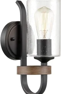 Lampa ścienna Industrialna cylindryczna kinkiet szkła | Farmhouse Black Drewno Grain wykończenie akcentowane światło w łazience Luce LED Para Habita