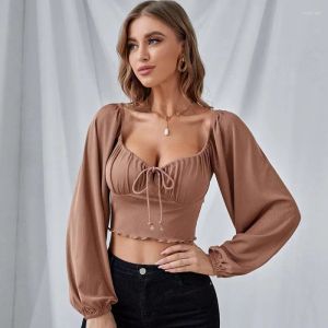 Women T Shirts girl Brown Low-cut Sexy lady Crop Tops Draw String Long Sleeve Shirt Fashion Brown Blouse