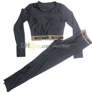 Långärmad sport topp kvinnor yoga t shirt bokstäver webbing gym leggings designer elastisk kondition outfit