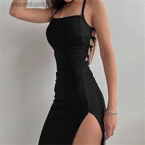 Kentsel seksi elbiseler seksi siyah uzun bodycon elbise yazlar yaz dilimsiz karasız yular boyun spagetti kayış elbiseler yüksek bölünmüş vestidos l231208