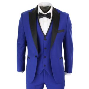 Ternos masculinos de casamento azul real com lapela preta xale 3 peças jaqueta calças colete slim fit noivo desgaste padrinhos conjunto de blazer de festa de baile