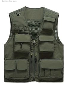 Herrvästar Taktiska militära väst camping herrar kläder gratis fraktarbete jakt denim multi-pocket man mesh sommarmotorcykelkläder q231208