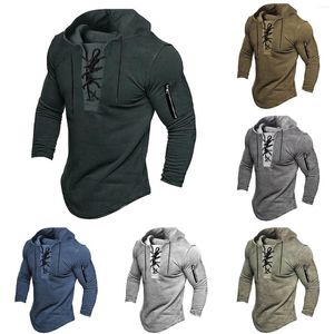 Erkek Hoodies Mens Bahar Sonbahar Moda Sıradan Dantel Up Kapşonlu Sweatshirt Uzun Kollu Külot Üstler Sokak Giyim Katı Hoodie