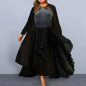 Casual Dresses Lady Ruffle Long Dress Coat Set Rhinestone Hem Maxi Sleeve Black Cardigan For Elegant Women Commute