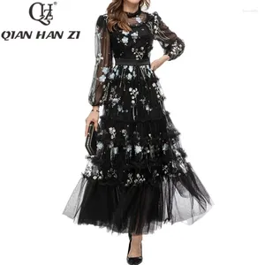 Casual Dresses QHZ Designer Fashion Embroidery Vintage Long Dress Women's Lantern Sleeves Mesh Flower Luxury Black Party Maxi