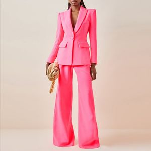新しい最高品質の女性用2ピースパンツセットスーツホットピンクスリムブレザーシングルコットボタンフレアパンツクラシックビジネススーツ
