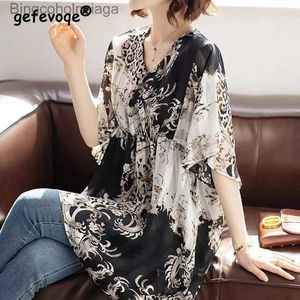 Women's T-Shirt Summer Oversized Women Elegant V-neck Vintage Print Irregular Fashion Tunic Midi Chiffon Shirts Casual Short Sle Tops BlouseL231208