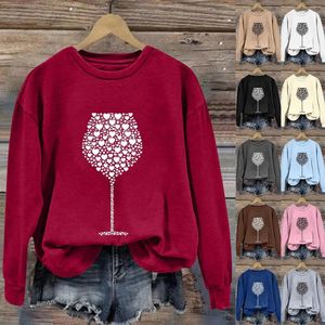 Mulheres Camisetas Vinho Copo Impressão Redondo Pescoço Manga Longa Top Crop Suéteres Mulheres Com Capuz Zip Up Moletom Jaquetas