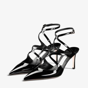 Kända kvinnor Sandaler Luxury Azia Pump 75 mm Italy Classic Pointed Toes Cross Double Ankle Sling Buckle Nude Black Patent Leather Designer Sandal High Heels Box EU 34-43