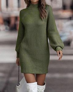 Women's Mock Turtleneck Sweater Dress Trendy Pullover Puff Sleeve Fall Dress Knit Winter Outfits 2312082