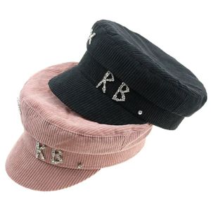 Sboy Hats Black For Women Fashion Rhinestone RB Letter Military Hat Causal Travel Satin Flat Top Corduroy Sailor Cap Pink Khaki 231208