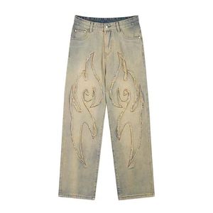 24ss calças de brim de perna larga hip hop calças masculinas streetwear fogo remendo vintage dos homens jean em linha reta moto biker denim calças cx1036