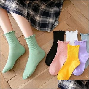 Socks Hosiery Women Ruffle Summer Lolita Spring Crew Style Color Cute Solid Frilly Japanese Princess Cotton Fashion Maiden Drop Delive Otnvh