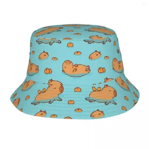 Berets Capybara Pattern Swimming With Oranges Bucket Hat Spring Cartoon Cute Fishing For Outdoor Men Women Ispoti Lightweight