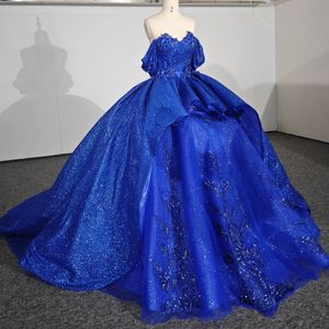 Blue Shiny Quinceanera Dresses Ball Gown For Sweet Girls Applique Lace Beads Vestidos De XV 15 Anos Off the Shoulder Birthday Prom Dress