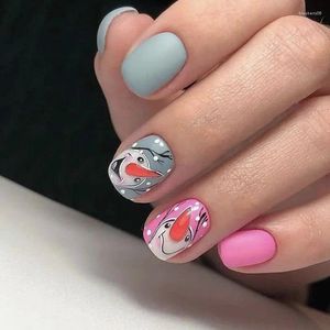 Unhas Falsas 24 Pcs Matte Francês Falso Brincalhão Dos Desenhos Animados Rosa Boneco De Neve Padrão Designs Artificial Capa Completa Acrílico Para Mulheres