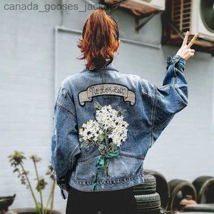 Women's Jackets 2023 Fall Women's New Embroidered Denim Jacket Spring Hand-Frayed Vintage Blue Loose Denim Top Korean Fashion Women's Clothing L231208