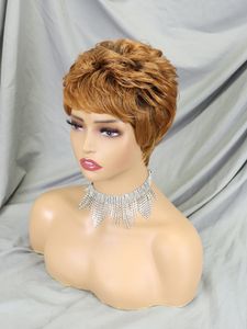 Short Pixie Cut Wig With Bangs 30# Color Human Hair Machine Made Lace Wigs For Women