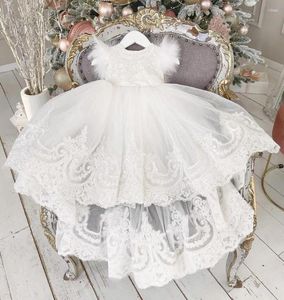 Girl Dresses White Tulle Lace Flower Dress For Wedding With Big Bow Long Train Baby Princess Pageant Ball Gown Birthday Party