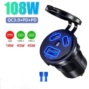 108W 3ポートカー充電器ソケットデュアル45W PDタイプC 18W QC 3.0 USBモーターサイクルソケット電源アダプター12V/24V