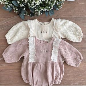 Rompers bodysuits Korean Autumn Jumpsuits Girl Baby Sweet Embroidery Flower Clothing Pleated Stripe Versatile Style