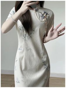 Basic Casual Dresse Beige Cheongsam Summer Bamboo Pattern Short Sleeve Slim Dress Show Costume Long Chinese Style S To XXL S1924 231207