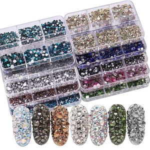 Tırnak Sanat Dekorasyonları 6 Grids Kit Çivi Dekorasyon Karışımı Boyut Tırnak Elmas Düz Rhinestone Tutkal Strass DIY Bling Stickers Cilt Dışı Kristaller 231207